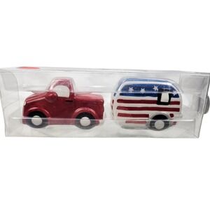 Red Truck Camper American Flag Patriotic Salt Pepper Shakers‎ Set Ceramic